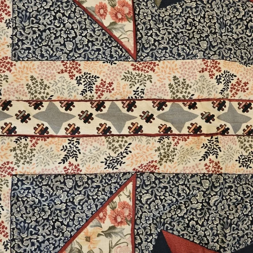 Vintage 90s Hand Stitched Star Quilt Tapestry Wall‎ Hanging Blue Roses Red 44x52